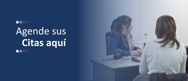 Banner general de atención al público en el que aparecen un usuario y alguien que lo atiende en un escritorio